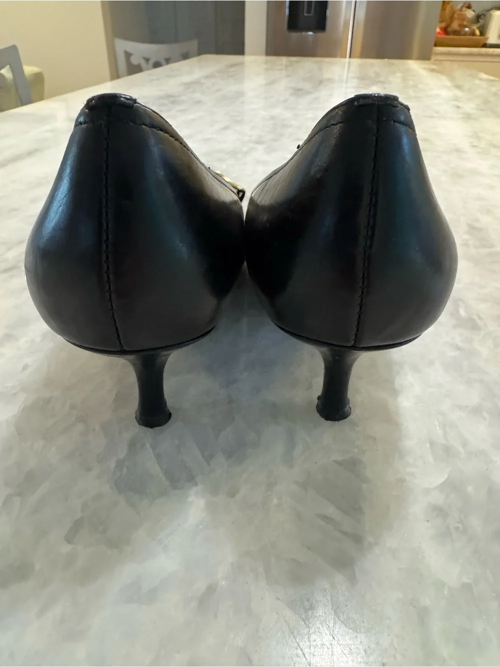 Anne Klein Black Pointed Kitten Heel Pumps with Gold Chain